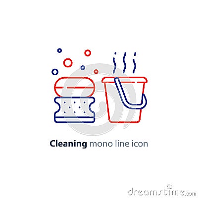 Sanitation objects set, cleaning equipment items and services, line icons Vector Illustration