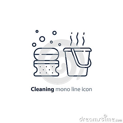 Sanitation objects set, cleaning equipment items and services, line icons Vector Illustration