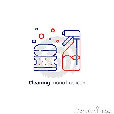 Sanitation objects set, cleaning equipment items and services, line icons Vector Illustration