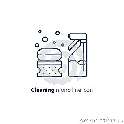 Sanitation objects set, cleaning equipment items and services, line icons Vector Illustration