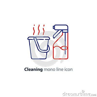 Sanitation objects set, cleaning equipment items and services, line icons Vector Illustration