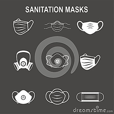 Sanitation and protection facemask ppe icon set w respiratory face masks Vector Illustration