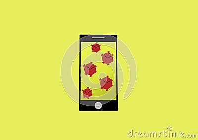 Sanitise yellow smartphone. Cleaning mobile phone to eliminate germs, coronavirus Covid-19. Stock Photo