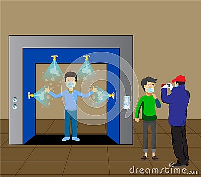Sanitize tunnel for disinfectant and protect people from covid-19 coronavirus. Tunnel is spraying antibiotic on human body to kill Vector Illustration