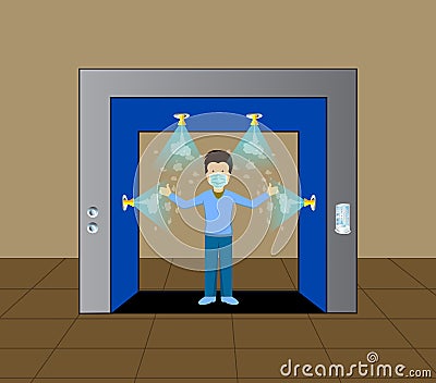 Sanitize tunnel for disinfectant and protect people from covid-19 coronavirus. Tunnel is spraying antibiotic on human body to kill Vector Illustration