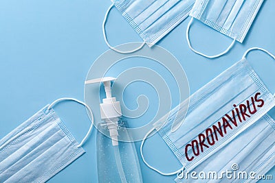 Sanitizer gel or antibacterial soap and face mask for coronavirus preventive measure, top view. Corona virus concept Stock Photo