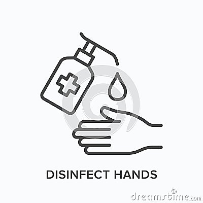 Sanitizer line icon. Vector outline illustration of antibacterial treatment. Hand disinfection pictorgam Vector Illustration