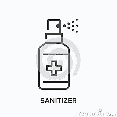 Sanitizing spray flat line icon. Vector outline illustration of hand sanitizer. Disinfectant plastic bottle thin linear Vector Illustration