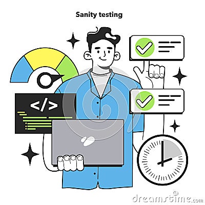 Sanity testing technique. Software testing methodology. IT specialist Cartoon Illustration