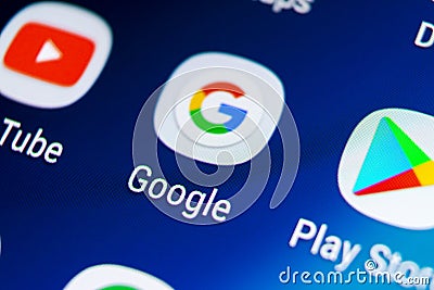 Google search application icon on Samsung Galaxy S9 smartphone screen close-up. Google app icon. Social network. Social media icon Editorial Stock Photo