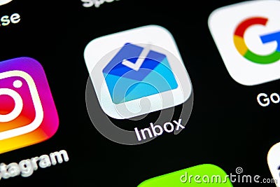 Google inbox by Gmail application icon on Apple iPhone X smartphone screen close-up. Google inbox app icon. Social network. Social Editorial Stock Photo