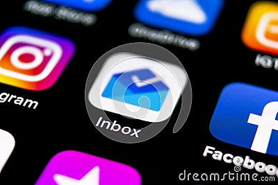 Google inbox by Gmail application icon on Apple iPhone X smartphone screen close-up. Google inbox app icon. Social network. Social Editorial Stock Photo