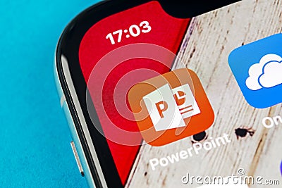 Microsoft office Powerpoint application icon on Apple iPhone X screen close-up. PowerPoint app icon. Microsoft Power Point applica Editorial Stock Photo