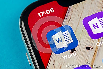 Microsoft Word application icon on Apple iPhone X screen close-up. Microsoft office word icon. Microsoft office on mobile phone. S Editorial Stock Photo