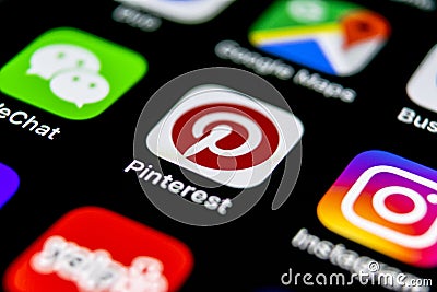 Pinterest application icon on Apple iPhone X smartphone screen. Pinterest app icon. Pinterest is the popular Internet social netw Editorial Stock Photo