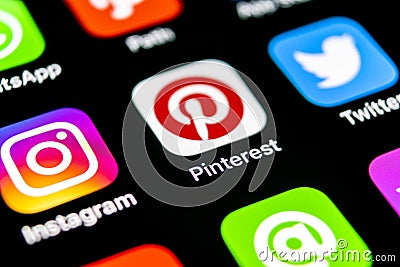 Pinterest application icon on Apple iPhone X smartphone screen. Pinterest app icon. Pinterest is the popular Internet social netw Editorial Stock Photo