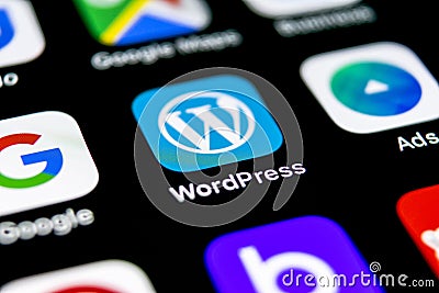 Wordpress application icon on Apple iPhone X screen close-up. Wordpress app icon. Wordpress.com application. Social network Editorial Stock Photo