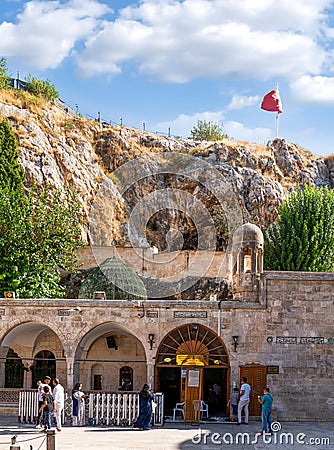 Sanli Urfa, Turkey-September 12 2020: Entrance of Mevlid-i Halil cave, birth place of Prophet Abraham Editorial Stock Photo