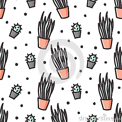 Sansevieria and cactus doodle style seamless pattern Vector Illustration