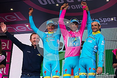 Sant Anna, Italy May 28, 2016; Some Riders of Astana team on the podium after winning the award for best team Editorial Stock Photo