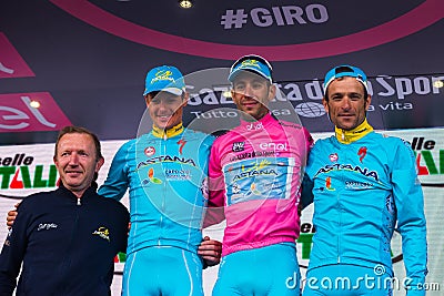 Sant Anna, Italy May 28, 2016; Some Riders of Astana team on the podium after winning the award for best team Editorial Stock Photo