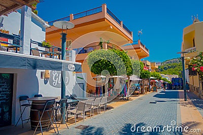 SANT ELM, MALLORCA, SPAIN - AUGUST 18 2017: Sant Elm City, quaint shopping street in the small town of San Telmo Editorial Stock Photo