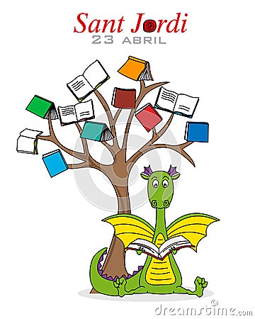 Sant Jordi. Catalonia traditional celebration. Tree and gragon reading Vector Illustration