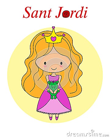 Sant Jordi traditional festival of Catalonia Spain. Princess with plush dragon Vector Illustration