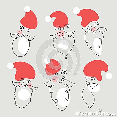 Santa abstract portraits. Set of portreits continuous lines Vector Illustration