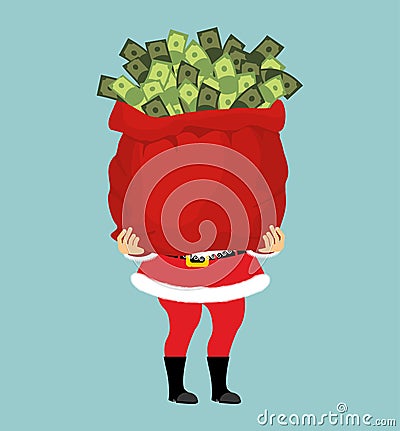 Santa and bag of money. Christmas gift cash. Red sack with dollars Vector Illustration