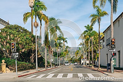 Santa Barbara Downtown, street view. Architecture, landscape, traffic, city life Editorial Stock Photo