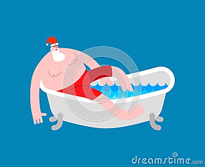 Santa in bath. Klaus is relaxing in bathtub. New year and christmas grandfather Vector Illustration