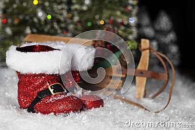 Santa Boots and Sleigh Stock Photo