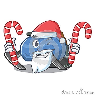 Santa with candy snowmobile near the snow mascot statue Vector Illustration