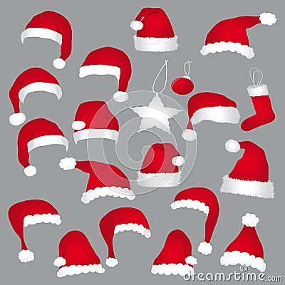 Santa caps and christmas decorations. Vector Illustration