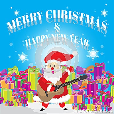 Santa Hello Guitar and Merry Christmas Blues Background Best Gift Cartoon Vector Illustration