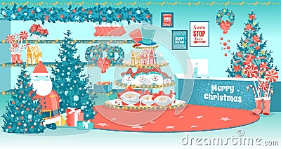 Santa Christmas Shop Marketplace Flat Interior Vector Illustration