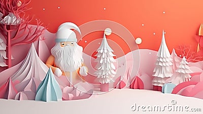 Santa Claus in amazing paper fairy christmas and magical forest. Christmas sale. Holiday background. AI generative Stock Photo