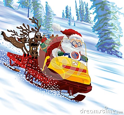 Santa Claus astride a snowmobile Stock Photo