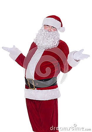 Santa Claus authentic portrait isolated on white background hold up his hands in some funny, helpless, lack of knowledge or hold Stock Photo
