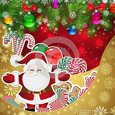 Santa Claus on the background of sweets, decorated Christmas balls branches. Vector Illustration