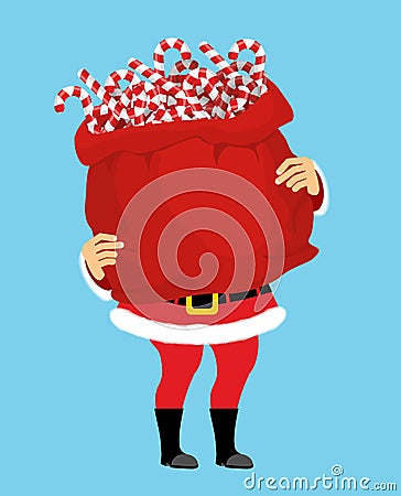 Santa Claus and bag of Christmas peppermint lollipop. Christmas Vector Illustration