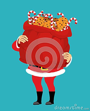 Santa Claus and bag of cookies and peppermint stick. Christmas s Vector Illustration