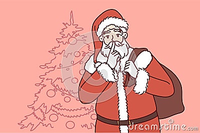 Santa Claus with bag of gifts came to congratulate children on Christmas holidays. Vector image Vector Illustration