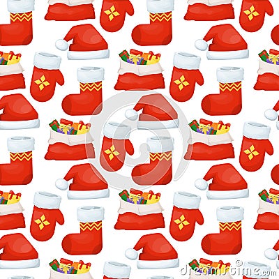 Santa Claus bag mitten stocking gifts christmas holiday seamless pattern surprise vector illustration. Vector Illustration