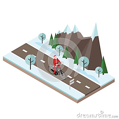 Santa Claus on a bike. Isometric countryside. Winter road. Santa Claus cycling on countryside winter road or highway Vector Illustration