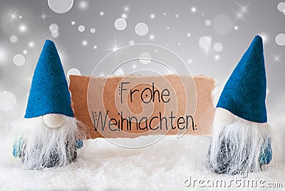 Santa Claus, Blue Hat, Frohe Weihnachten Means Merry Christmas, Gray Background Stock Photo