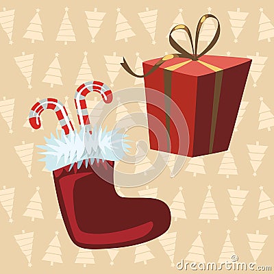 Santa Claus Boots and red gift, yellow background with christmas Vector Illustration