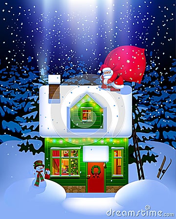 Santa Claus carries a big red bag with gifts on the roof of an illuminated house with a snowman against the night winter forest in Vector Illustration