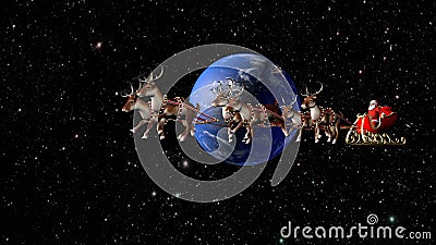 Santa Claus carries gifts on a sleigh pulled by deer. Fantastic flight around the Earth Stock Photo